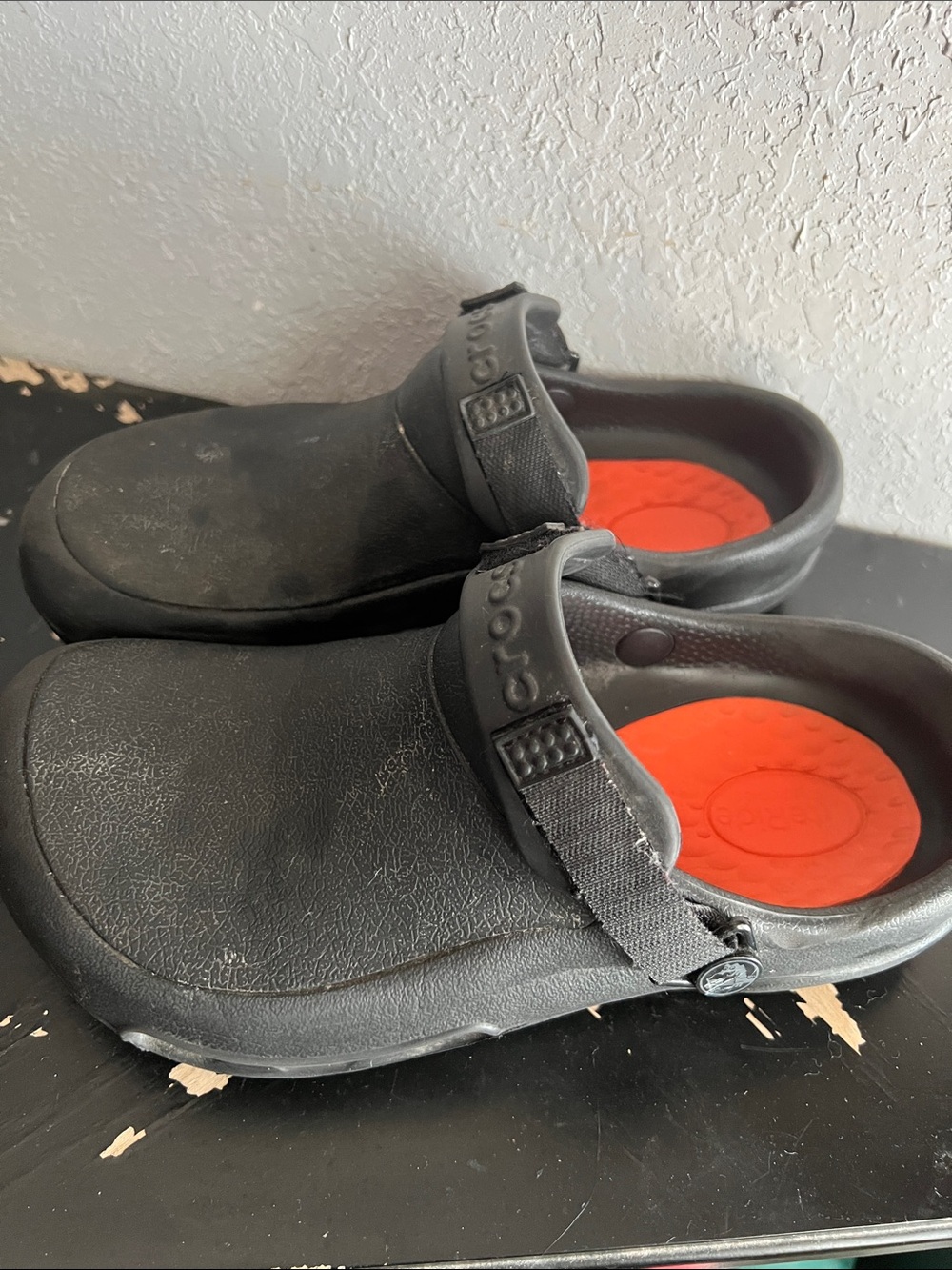 CROCS Women Black Clogs with Orange Insole work crew shoes